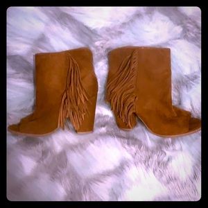 DV Fringe faux brown peep toe booties